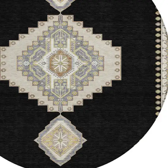 8' Black Gold And Gray Round Oriental Washable Indoor Outdoor Area Rug Photo 6