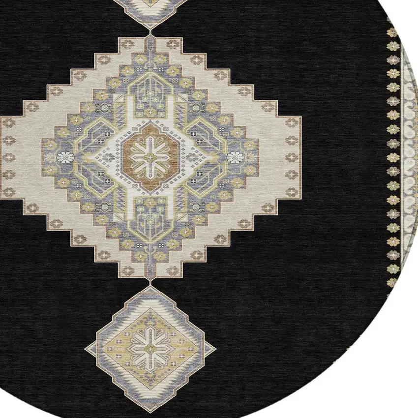 8' Black Gold And Gray Round Oriental Washable Indoor Outdoor Area Rug Photo 6