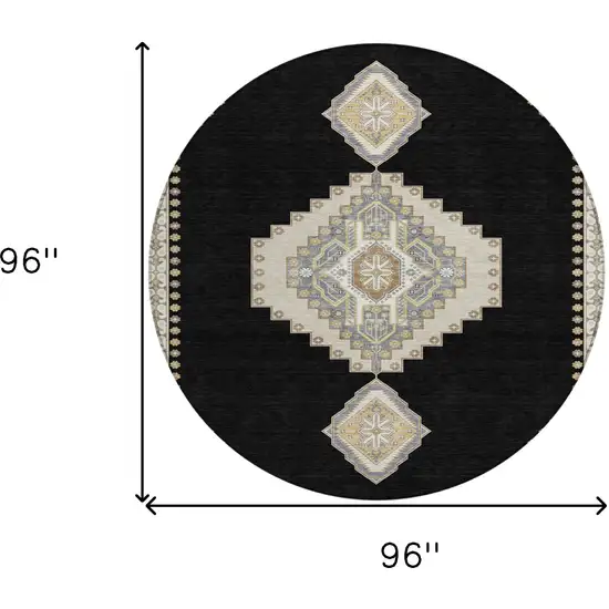 8' Black Gold And Gray Round Oriental Washable Indoor Outdoor Area Rug Photo 3