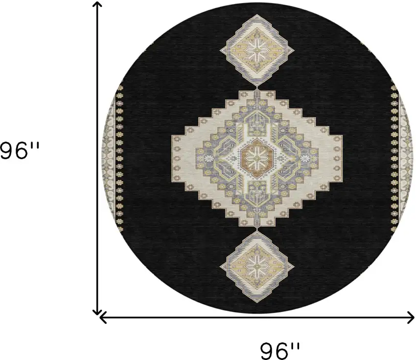 8' Black Gold And Gray Round Oriental Washable Indoor Outdoor Area Rug Photo 3