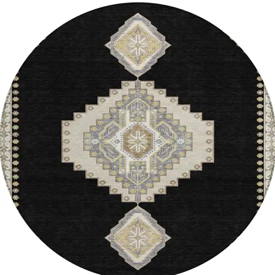 8' Black Gold And Gray Round Oriental Washable Indoor Outdoor Area Rug Photo 7