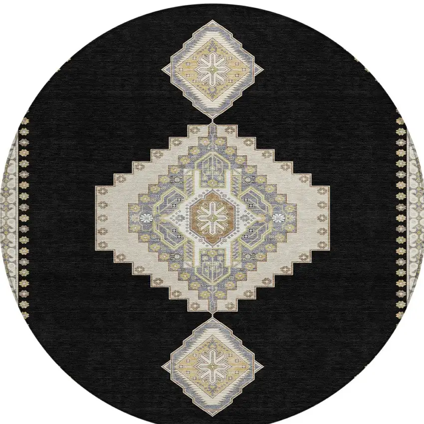 8' Black Gold And Gray Round Oriental Washable Indoor Outdoor Area Rug Photo 7