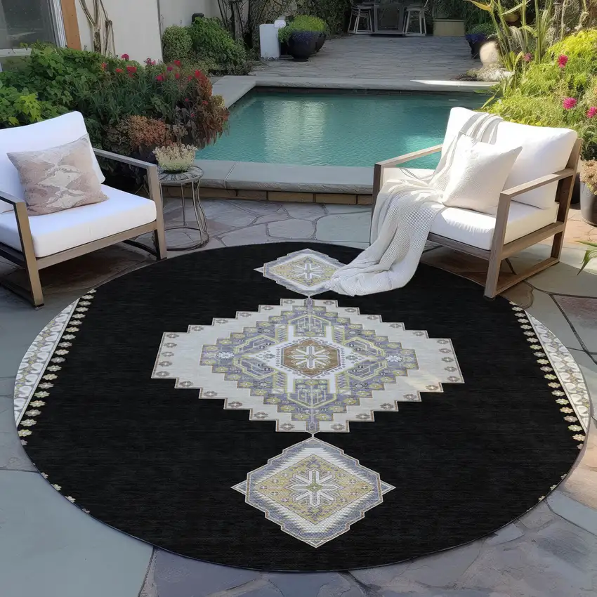 8' Black Gold And Gray Round Oriental Washable Indoor Outdoor Area Rug Photo 8