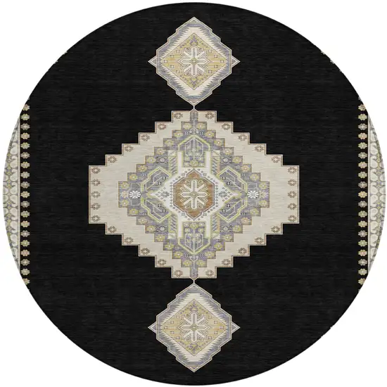 8' Black Gold And Gray Round Oriental Washable Indoor Outdoor Area Rug Photo 2