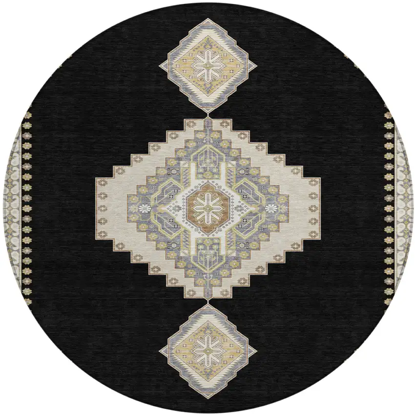8' Black Gold And Gray Round Oriental Washable Indoor Outdoor Area Rug Photo 2