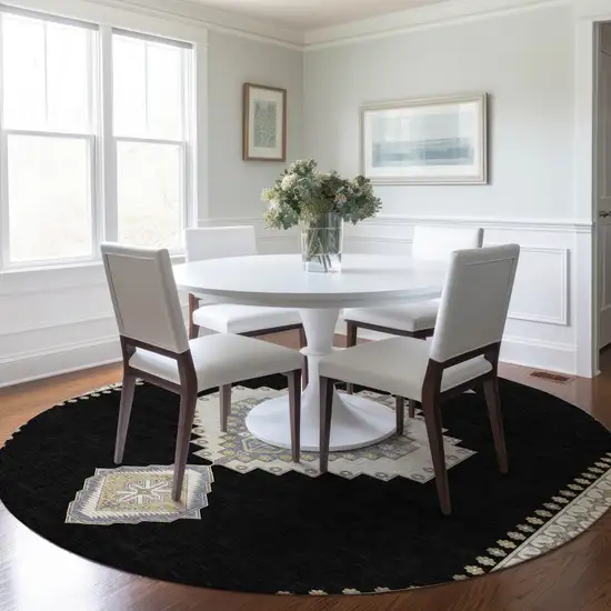 8' Black Gold And Gray Round Oriental Washable Indoor Outdoor Area Rug Photo 9