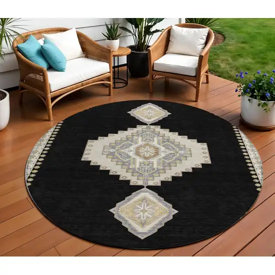 8' Black Gold And Gray Round Oriental Washable Indoor Outdoor Area Rug Photo 1