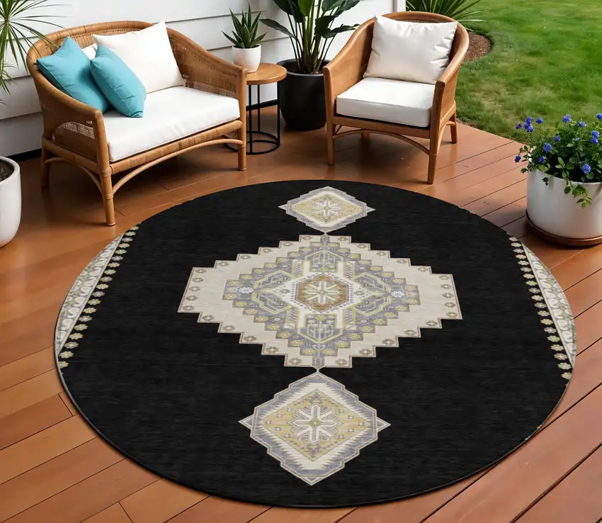 8' Black Gold And Gray Round Oriental Washable Indoor Outdoor Area Rug Photo 1