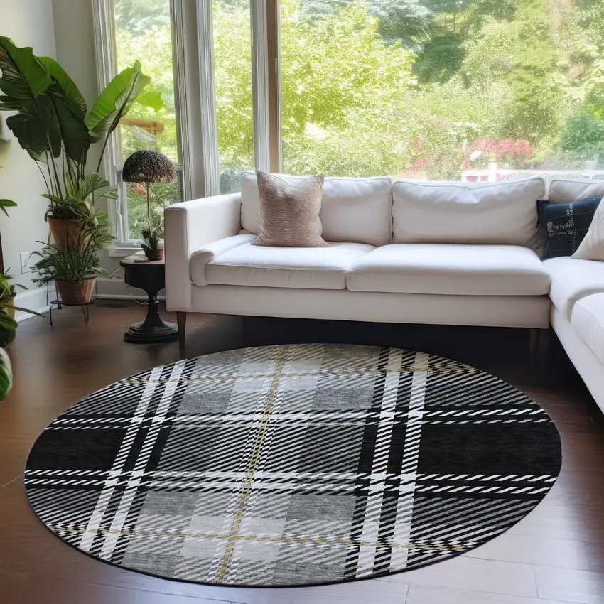 8' Black Gold And Gray Round Plaid Washable Indoor Outdoor Area Rug Photo 7