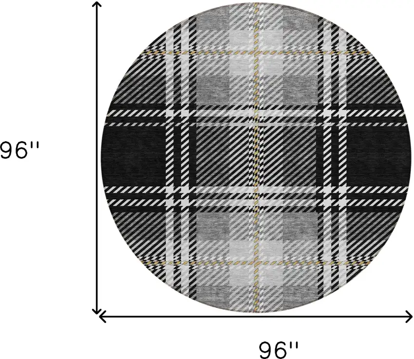 8' Black Gold And Gray Round Plaid Washable Indoor Outdoor Area Rug Photo 3
