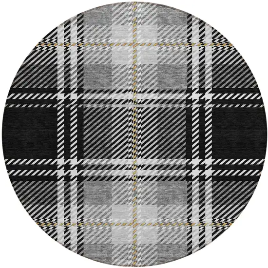 8' Black Gold And Gray Round Plaid Washable Indoor Outdoor Area Rug Photo 2
