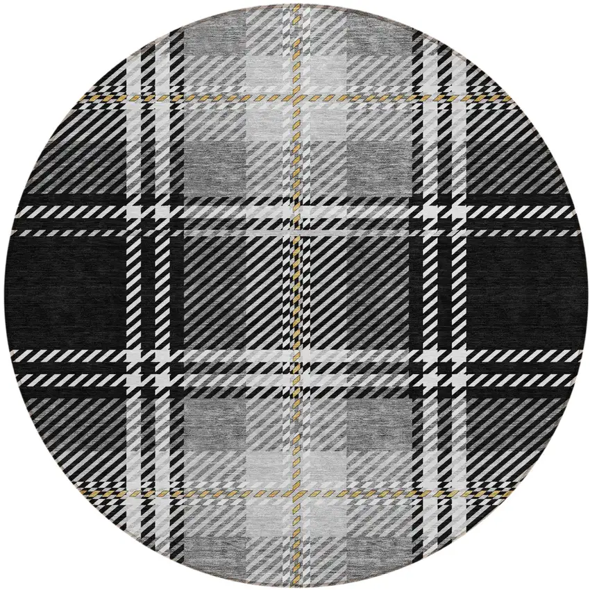 8' Black Gold And Gray Round Plaid Washable Indoor Outdoor Area Rug Photo 2
