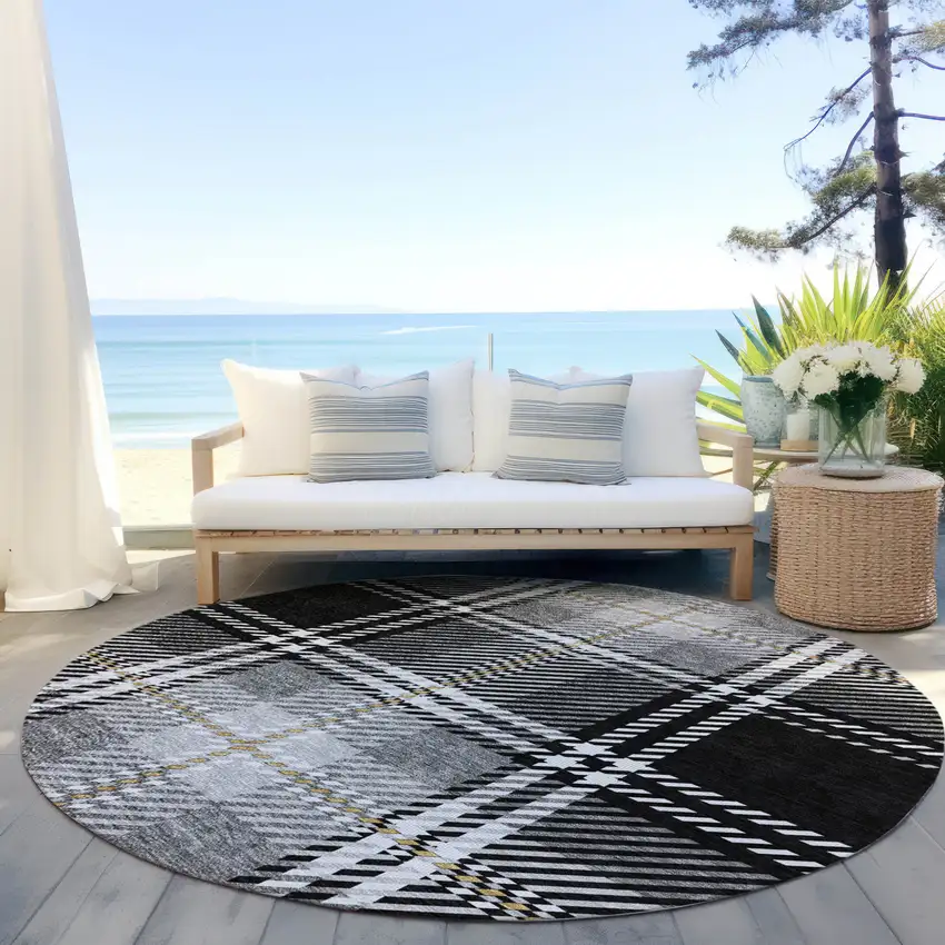 8' Black Gold And Gray Round Plaid Washable Indoor Outdoor Area Rug Photo 6