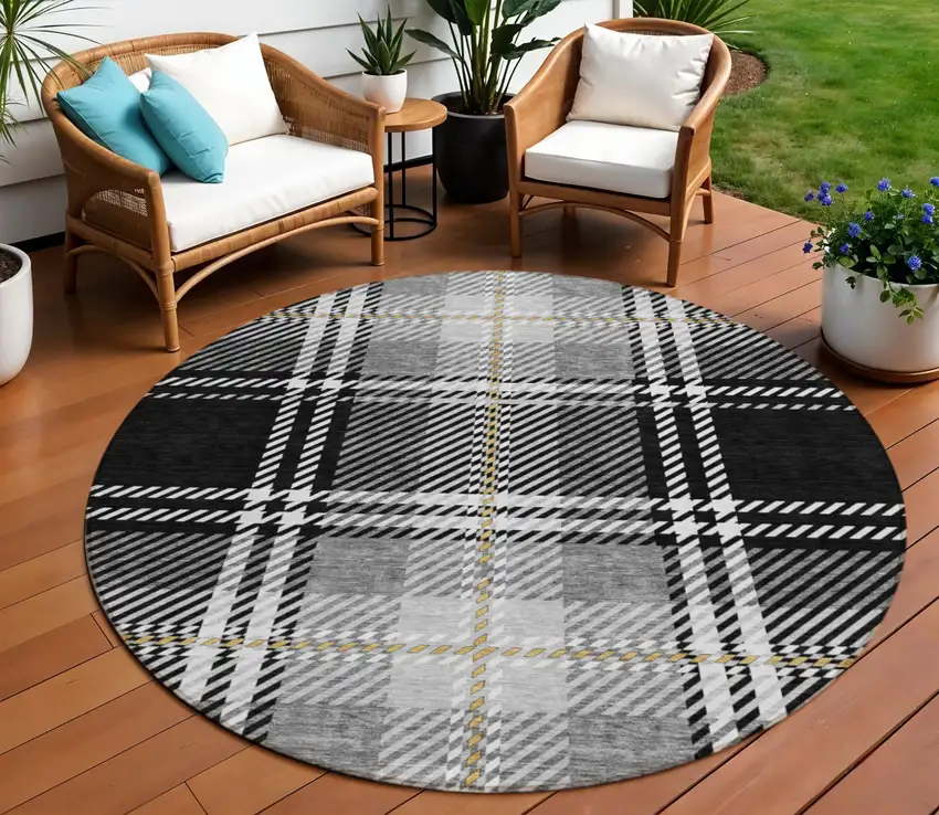 8' Black Gold And Gray Round Plaid Washable Indoor Outdoor Area Rug Photo 1