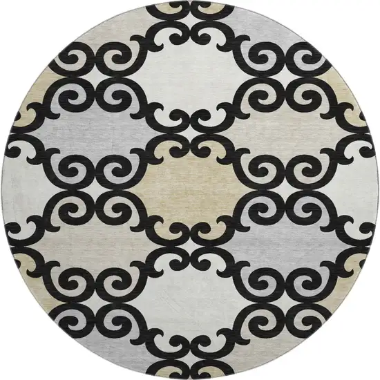 8' Black Gold And Gray Trellis Washable Round Rug With UV Protection Photo 1