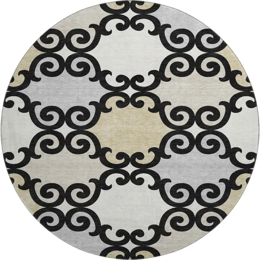 8' Black Gold And Gray Trellis Washable Round Rug With UV Protection Photo 1