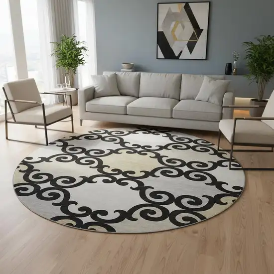 8' Black Gold And Gray Trellis Washable Round Rug With UV Protection Photo 2