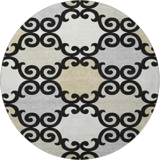 8' Black Gold And Gray Trellis Washable Round Rug With UV Protection Photo 3