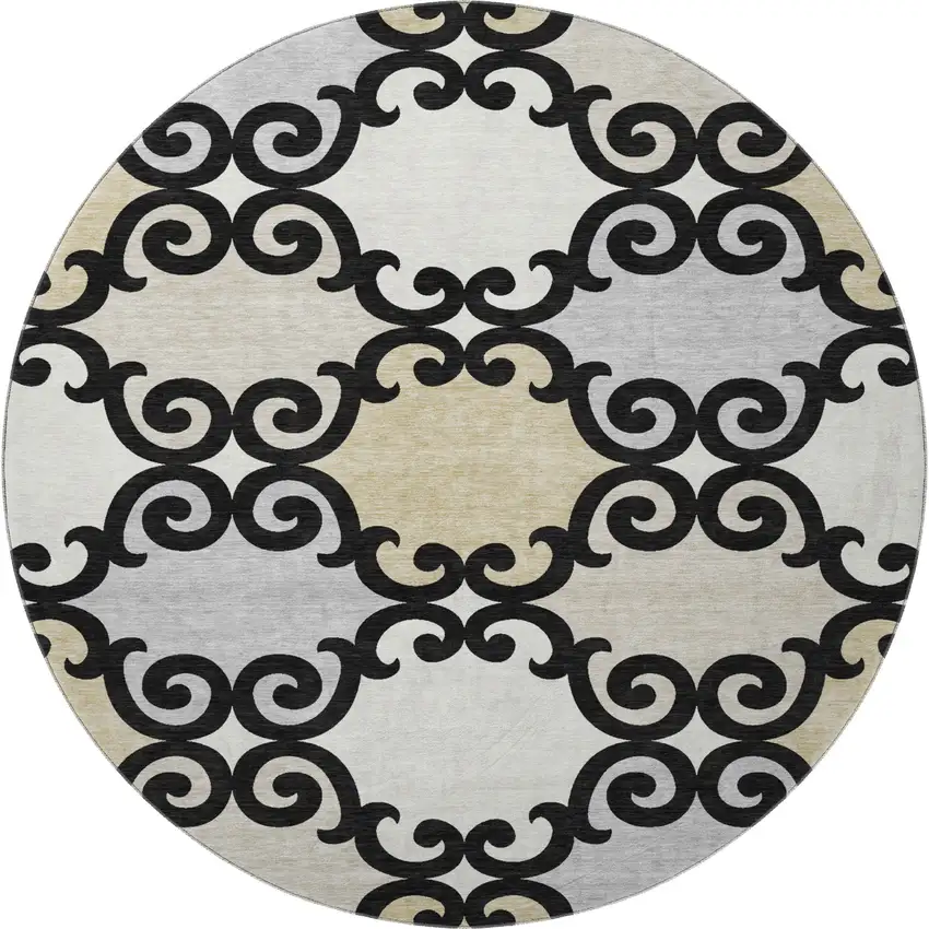 8' Black Gold And Gray Trellis Washable Round Rug With UV Protection Photo 3