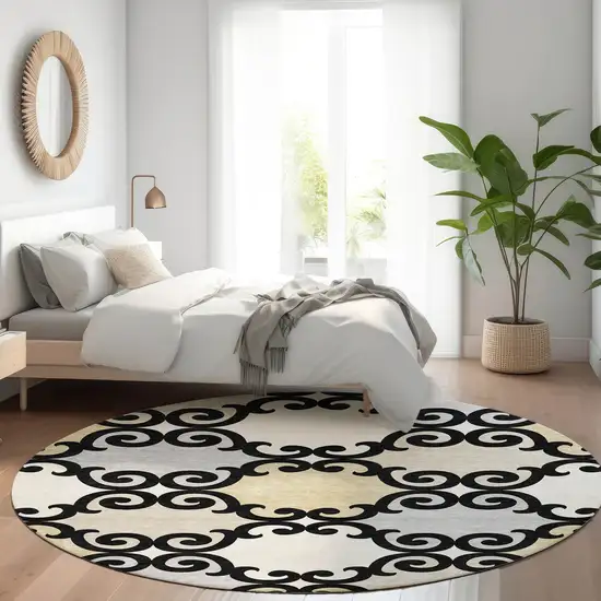 8' Black Gold And Gray Trellis Washable Round Rug With UV Protection Photo 4