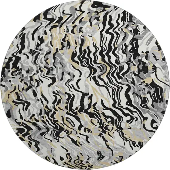 8' Black Gold And Ivory Abstract Washable Round Rug With UV Protection Photo 1