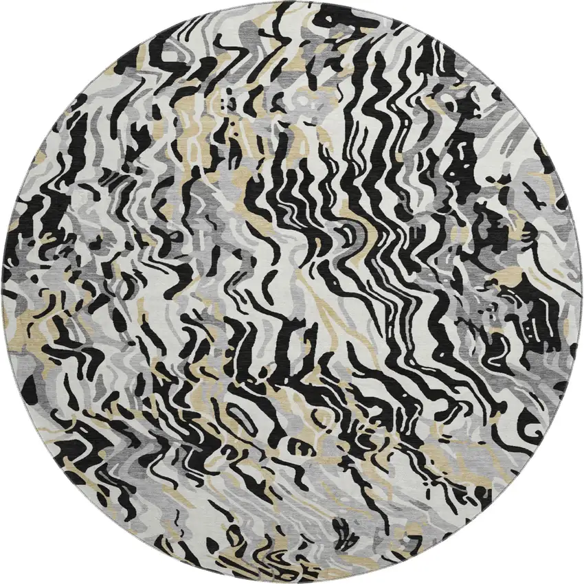 8' Black Gold And Ivory Abstract Washable Round Rug With UV Protection Photo 1