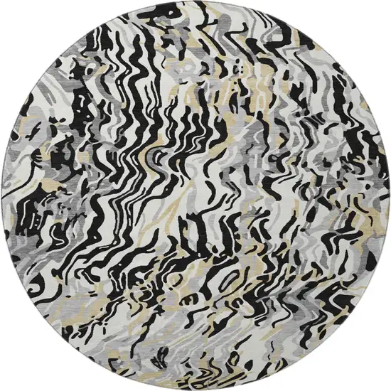 8' Black Gold And Ivory Abstract Washable Round Rug With UV Protection Photo 3