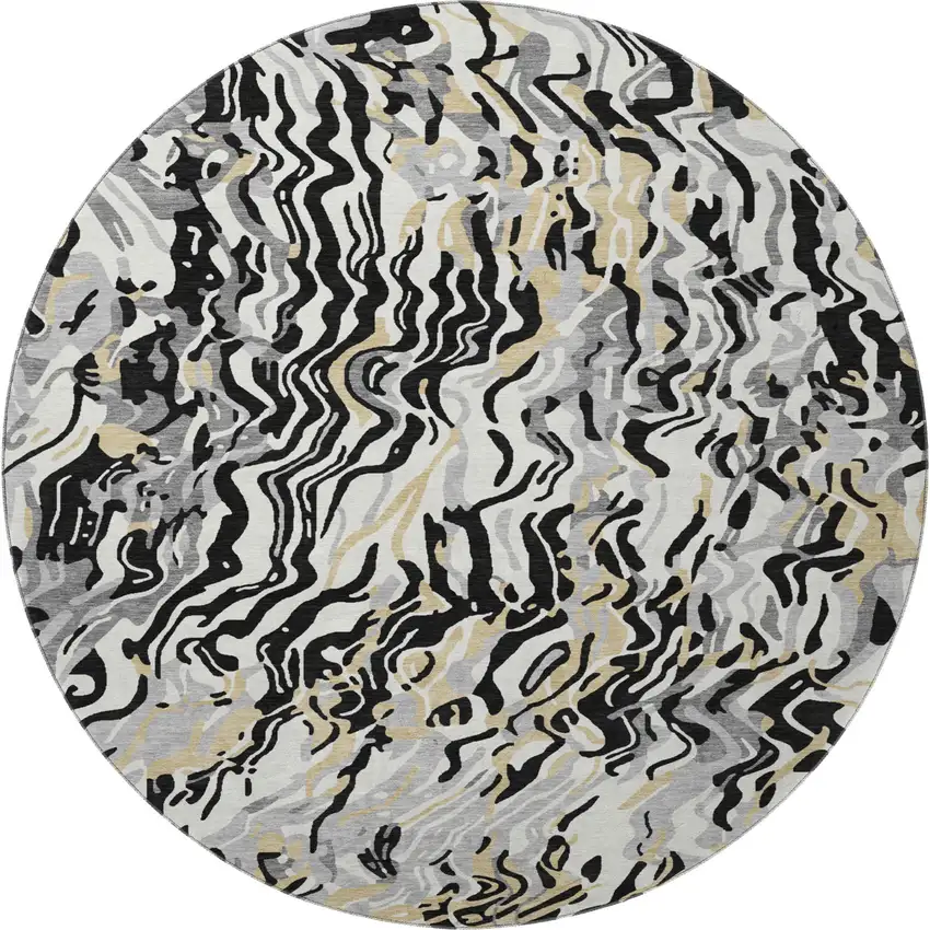 8' Black Gold And Ivory Abstract Washable Round Rug With UV Protection Photo 3