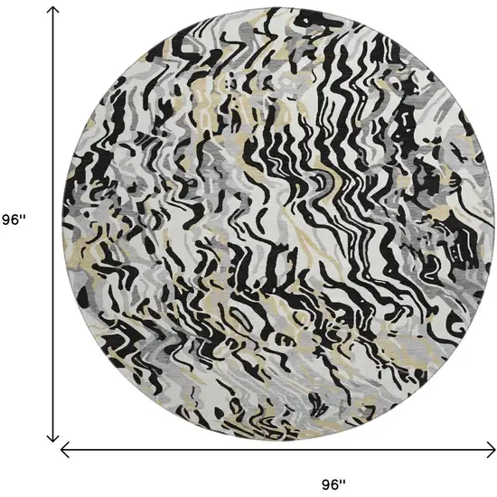 8' Black Gold And Ivory Abstract Washable Round Rug With UV Protection Photo 9