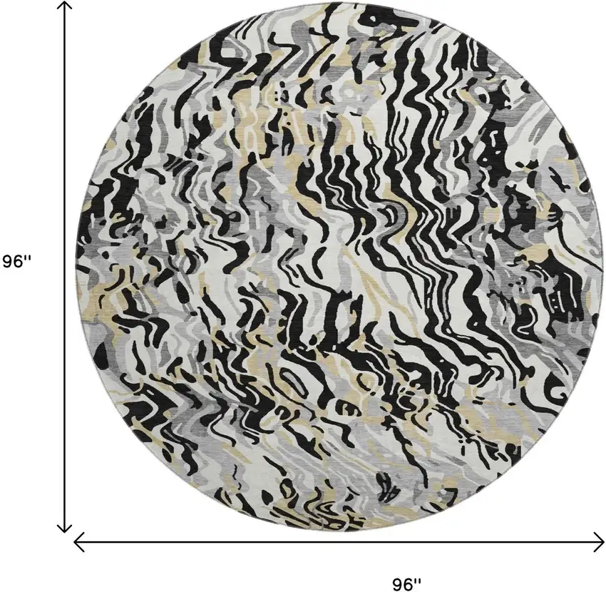 8' Black Gold And Ivory Abstract Washable Round Rug With UV Protection Photo 9