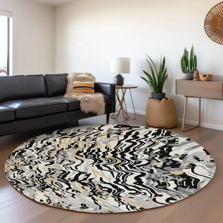 8' Black Gold And Ivory Abstract Washable Round Rug With UV Protection Photo 4