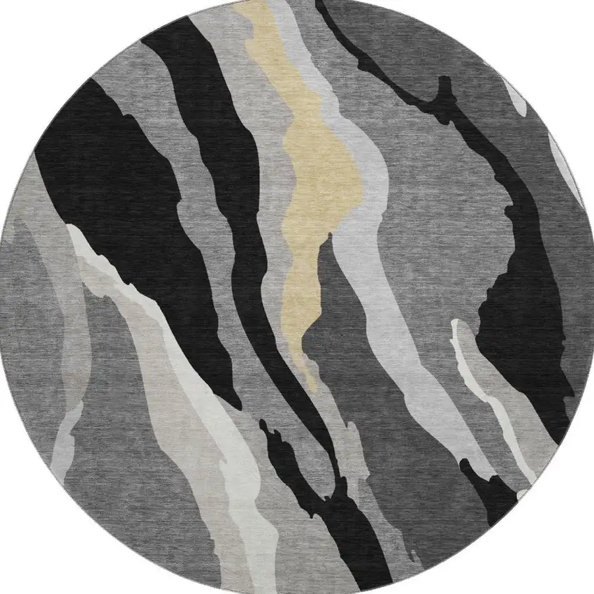 8' Black Gold And Ivory Abstract Washable Round Rug With UV Protection Photo 3