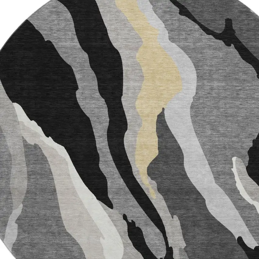 8' Black Gold And Ivory Abstract Washable Round Rug With UV Protection Photo 2