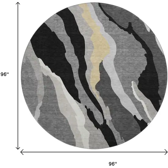 8' Black Gold And Ivory Abstract Washable Round Rug With UV Protection Photo 9