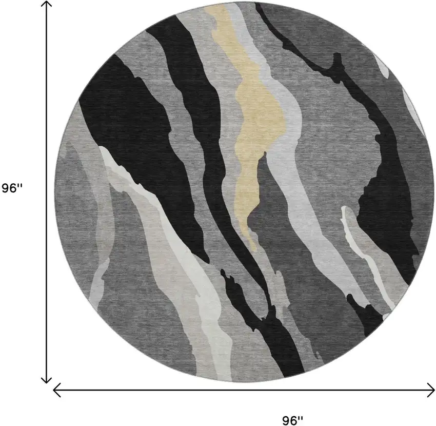 8' Black Gold And Ivory Abstract Washable Round Rug With UV Protection Photo 9