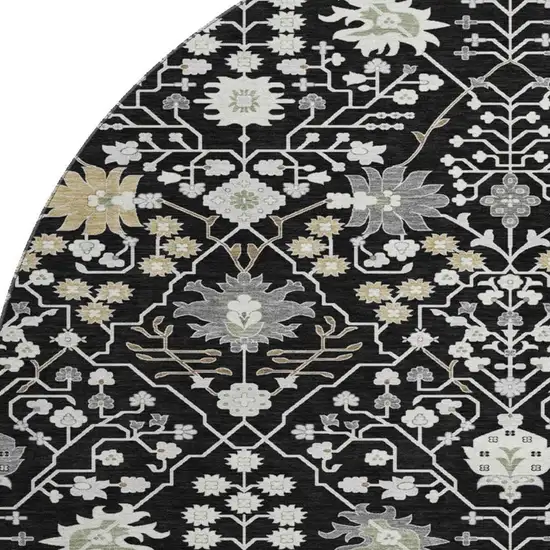 8' Black Gold And Ivory Oriental Washable Round Rug With UV Protection Photo 2