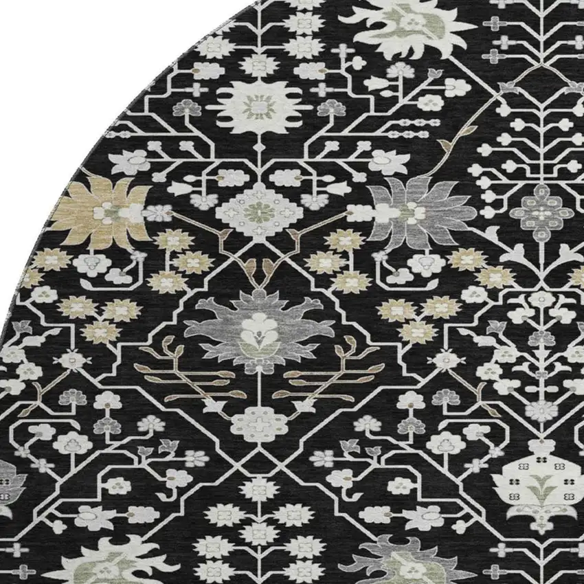 8' Black Gold And Ivory Oriental Washable Round Rug With UV Protection Photo 2