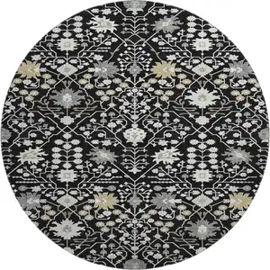 Photo of 8' Black Gold And Ivory Oriental Washable Round Rug With UV Protection