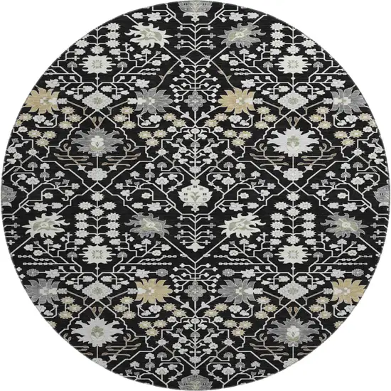 8' Black Gold And Ivory Oriental Washable Round Rug With UV Protection Photo 1