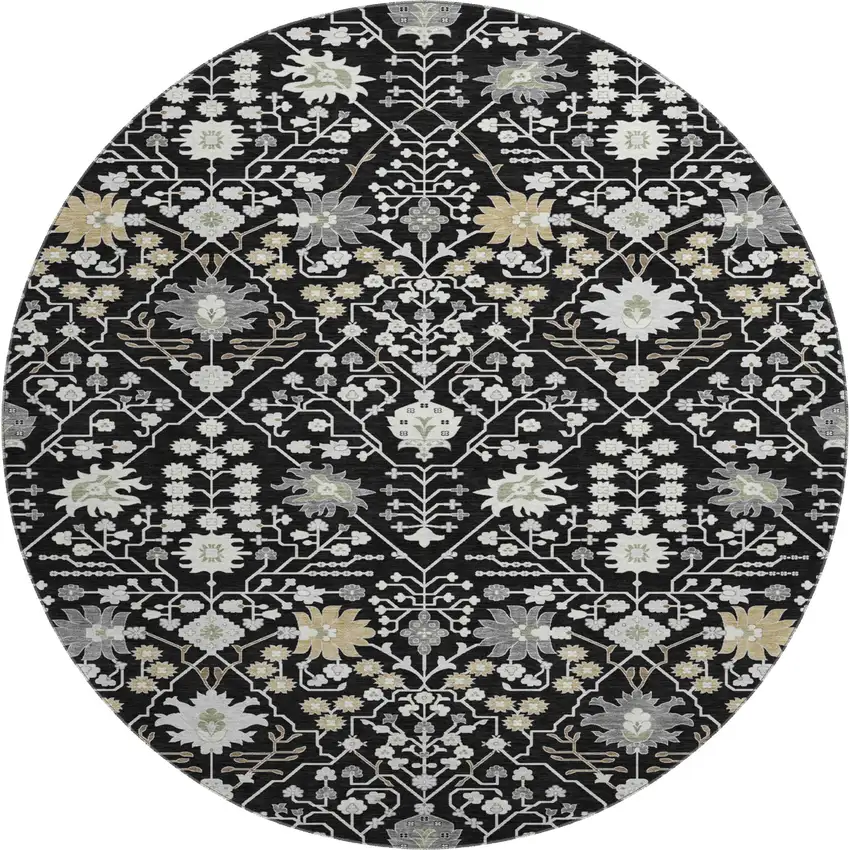 8' Black Gold And Ivory Oriental Washable Round Rug With UV Protection Photo 1