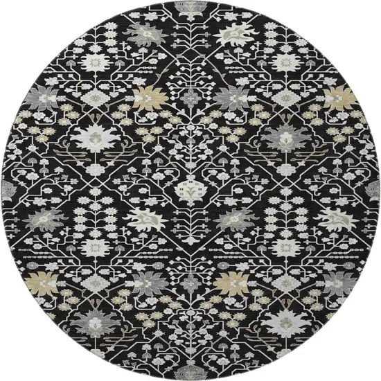 8' Black Gold And Ivory Oriental Washable Round Rug With UV Protection Photo 3