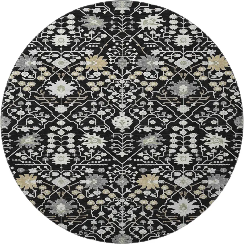 8' Black Gold And Ivory Oriental Washable Round Rug With UV Protection Photo 3