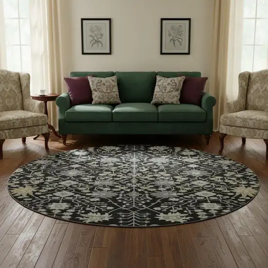 8' Black Gold And Ivory Oriental Washable Round Rug With UV Protection Photo 2