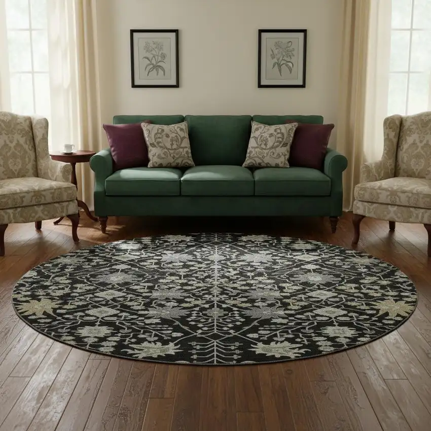 8' Black Gold And Ivory Oriental Washable Round Rug With UV Protection Photo 2