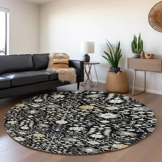8' Black Gold And Ivory Oriental Washable Round Rug With UV Protection Photo 4
