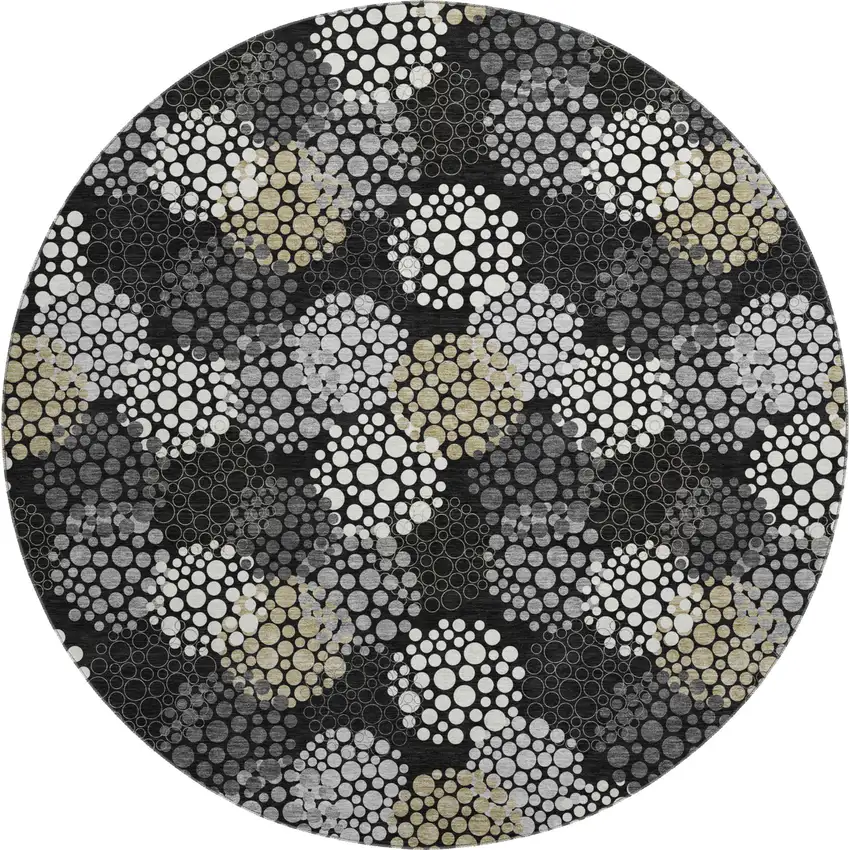 8' Black Gold And Ivory Polka Dot Washable Round Rug With UV Protection Photo 1