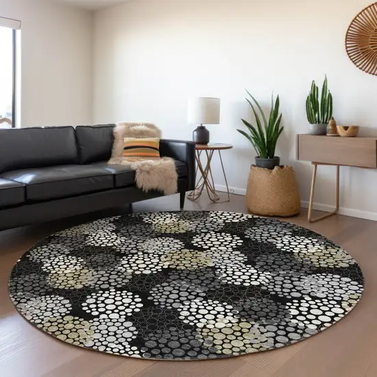 8' Black Gold And Ivory Polka Dot Washable Round Rug With UV Protection Photo 5