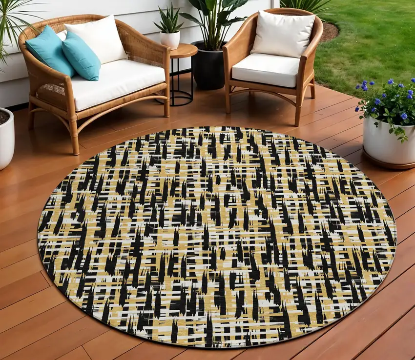 8' Black Gold And Ivory Round Abstract Washable Indoor Outdoor Area Rug Photo 1