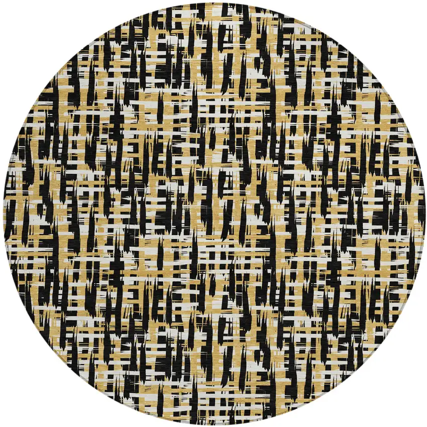 8' Black Gold And Ivory Round Abstract Washable Indoor Outdoor Area Rug Photo 2