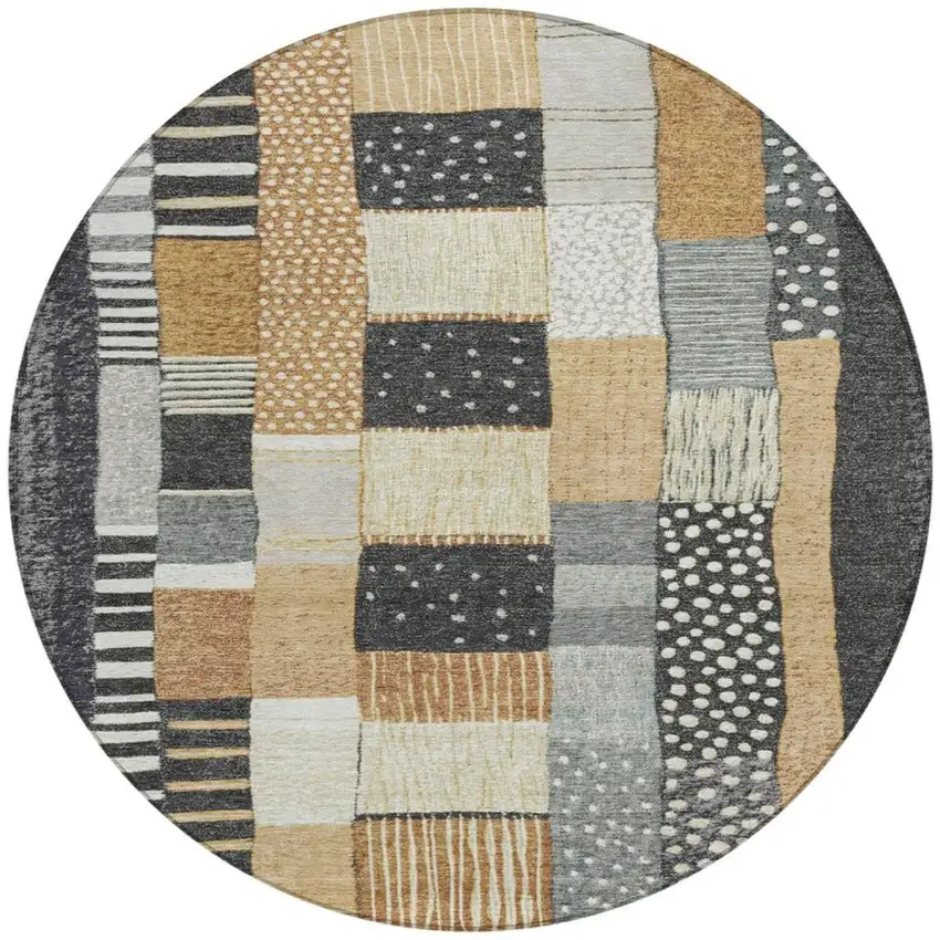 8' Black Gold And Ivory Round Geometric Washable Indoor Outdoor Area Rug Photo 3